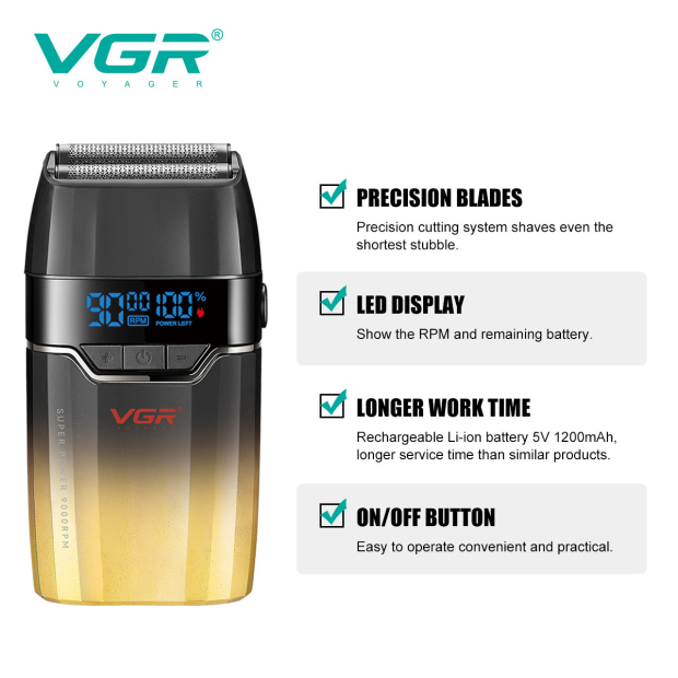 Електробритва VGR V-308 GOLD шейвер, подвійне лезо, 9000 RPM, LED Display