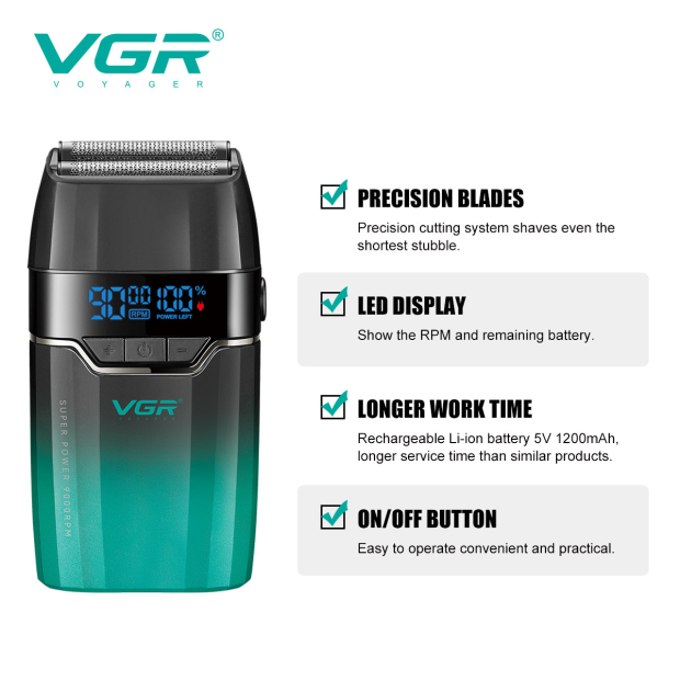 Електробритва VGR V-308 GREEN шейвер, подвійне лезо, 9000 RPM, LED Display