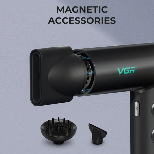 Фен професійний VGR V-401 BLACK, 40 рівнів обдування 70000 - 110000 RPM, 40 рівнів температури 60°C - 100°C, 3 насадки