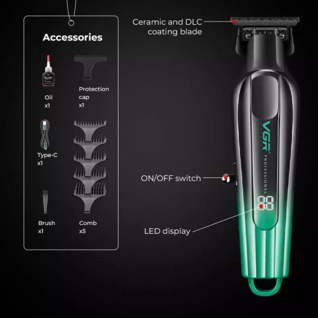 Тример VGR V-935 GREEN, 5 насадок, 7000 RPM, LED display