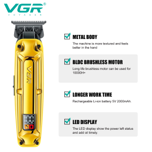 Акумуляторна машинка для стрижки (clipper) VGR V-904 GOLD, 4 насадки, 2000 mAh, LED display