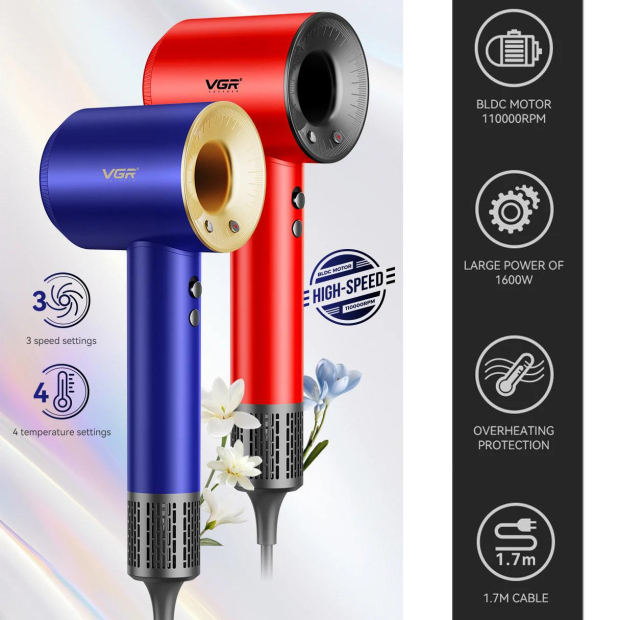 Фен професійний VGR V-445 BLUE, 3 рівні обдування, 4 рівні температури, 1600 Вт, 110000 RPM