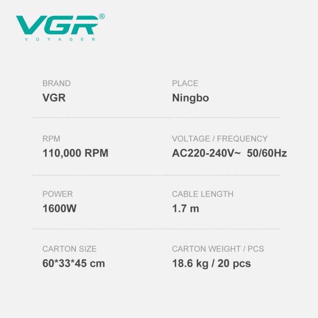 Фен професійний VGR V-445 RED, 3 рівні обдування, 4 рівні температури, 1600 Вт, 110000 RPM