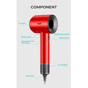 Фен професійний VGR V-445 RED, 3 рівні обдування, 4 рівні температури, 1600 Вт, 110000 RPM