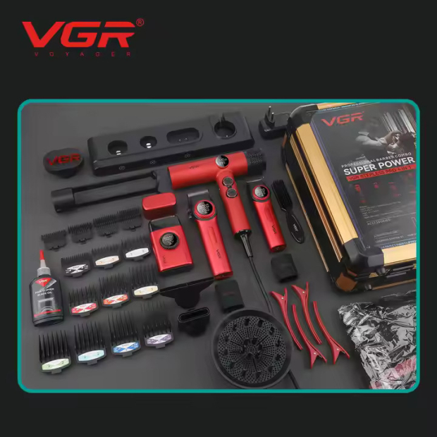 Комплект VGR STEPLERSS PRO 4 IN 1 RED, машинка для стрижки (Clipper), триммер, шейвер, фен